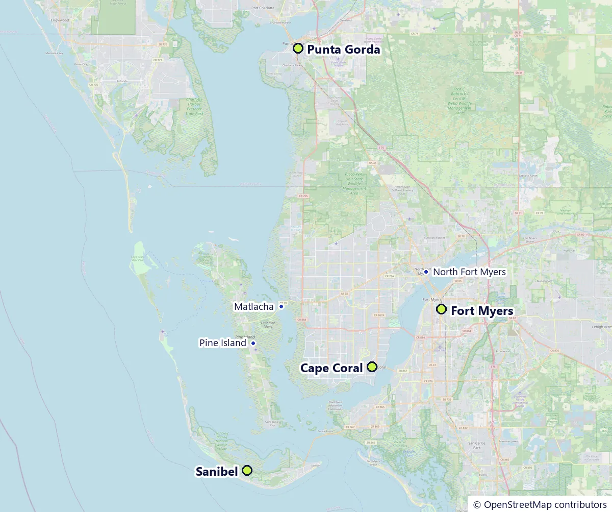 Map of the service area: Cape Coral in the center, with Fort Myers to the east, Punta Gorda to the north, Pine Island and Matlacha to the west and Sanibel to the south